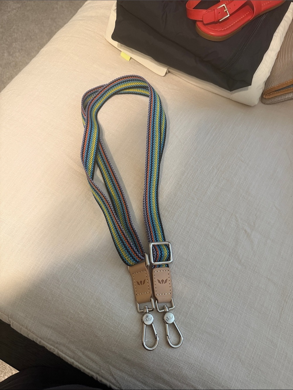 Consuela Multicolor Striped Woven Messenger Strap with Tan Leather Trim